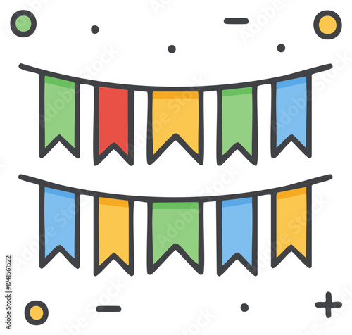 Festive colorful party bunting banner flags for event decoration, celebration symbol, vector cartoon icon