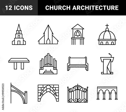 Ecclesiastical architecture and religious sanctuary elements. Black monolinear pictograms featuring gothic arches, pipe organs, and cathedral steeples for liturgical design.