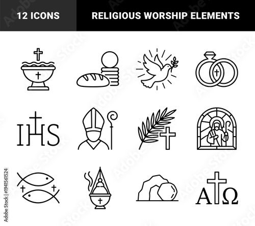 Christian religious symbols and liturgical sacraments in uniform monoline style. Minimalist outline graphics for church ministry, worship services, and biblical education.