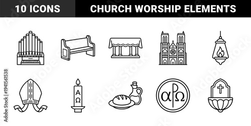 Ecclesiastical and liturgical symbols in technical monoline aesthetic. Religious architecture, cathedral organ, and sacred sacramental elements for church communication.