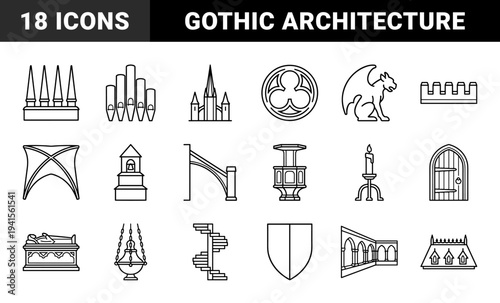 Medieval gothic architecture and cathedral interior elements. Black monolinear technical drawings featuring flying buttresses, gargoyles, and vaulted ceilings.
