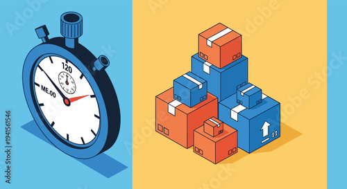 A split composition depicting a stopwatch and stacked packages symbolizing timely delivery and efficiency in silhouette high quality professional detailed modern