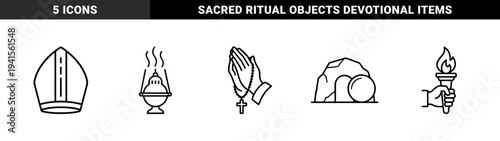 Christian symbols and Easter elements: praying hands, rosary, thurible, bishop miter, torch, and empty tomb. Minimalist monoline black and white graphic design.