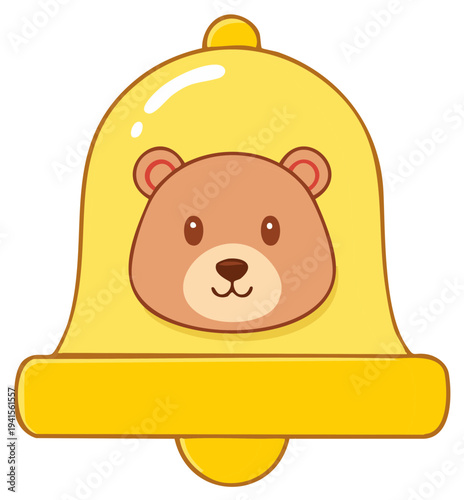 Yellow notification bell with a cute brown bear animal face cartoon illustration