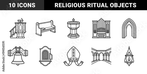 Ecclesiastical architectural elements and ritual objects for historical education. Technical monoline church interior graphics featuring gothic arches, pipe organ, and liturgical furniture.
