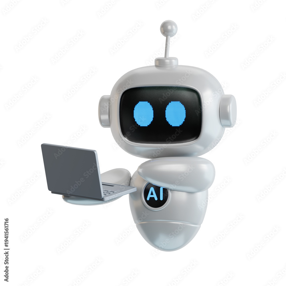 Obraz premium 3D illustration of ai robot holding laptop. Portraits of cartoon characters using computer.Transparent Background Mockup.Supports PNG files with transparent backgrounds.
