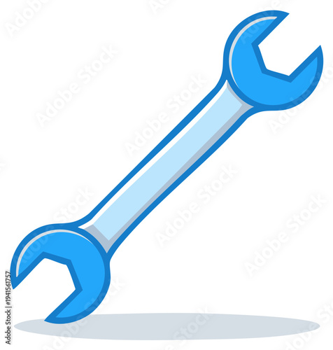 Blue open end wrench with two ends, simple illustration of tool or equipment with soft shadows