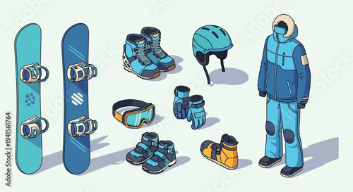Isometric depiction of snowboarding equipment including boots bindings helmet and a person in outerwear silhouette high quality professional detailed modern elegant