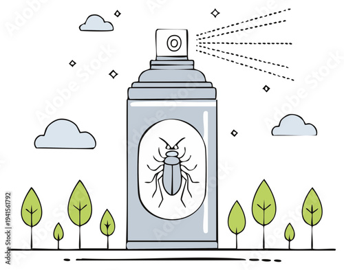 Pest Control Spray Can with Insect Illustration Surrounded by Clouds and Trees in Minimalist Style