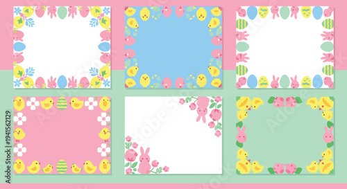A colorful easter arrangement of chicks bunnies and eggs forming decorative frames a vibrant springtime silhouette high quality professional detailed modern