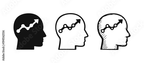 Growth mindset and personal development icon set with head profile and rising graph.