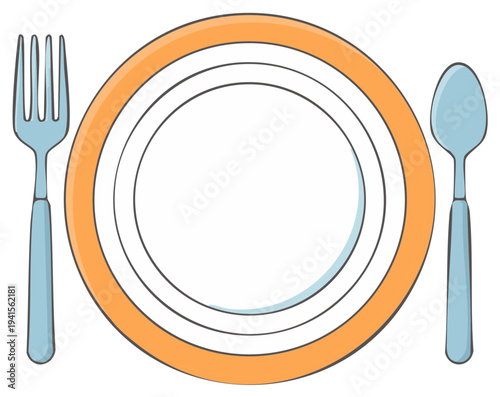Cartoon Dining Table Setting with Plate, Fork, and Spoon Illustration