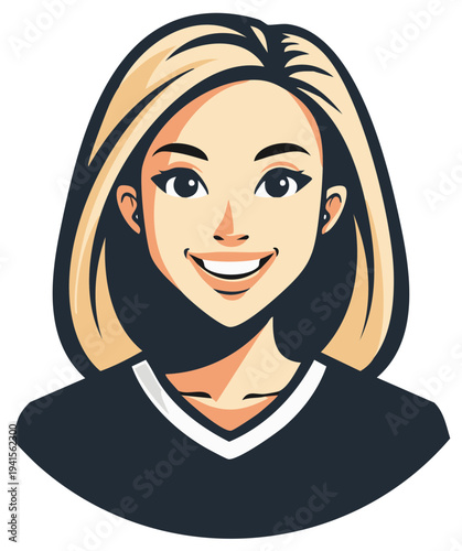 Illustrated portrait of a smiling woman with blonde hair wearing a dark top and white V neck