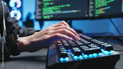 Person typing on a colorful illuminated keyboard with code on screens