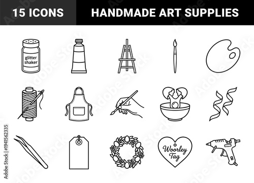 Handcrafted art and DIY workshop elements featuring painting supplies, sewing tools, and decorative ornaments. Clean monolinear outlines for creative hobbyists and crafting tutorials.