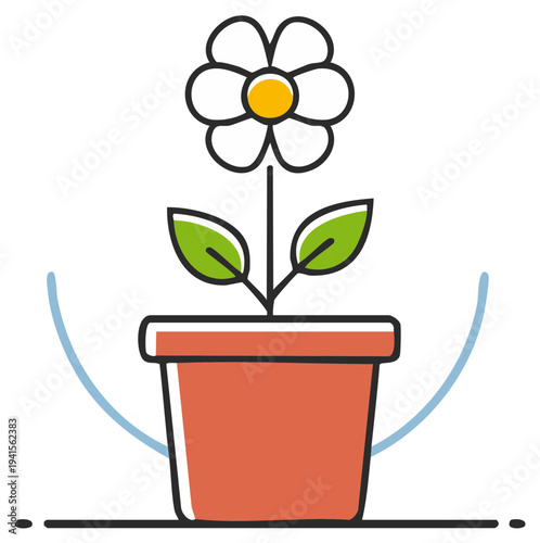 Cheerful Daisy in a Terra Cotta Pot with Watering Arcs Icon Illustration