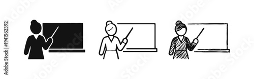 Teacher or presenter with whiteboard icon set in solid, outline, and hand-drawn styles.