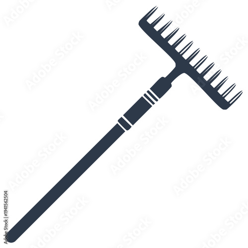Black silhouette icon of a garden rake tool for landscaping and yard work