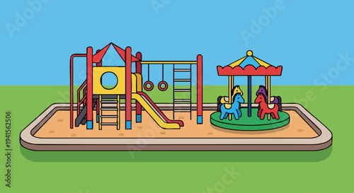 Childrens playground with slide swings and carousel.