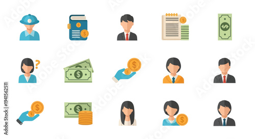 Collection of Financial and Business Icons Featuring People and Money.