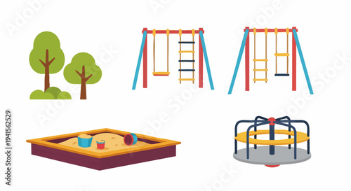 Childrens playground equipment and trees illustration.
