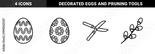 Easter holiday and spring gardening linear elements featuring decorated eggs, pussy willow branch, and pruning shears. Minimalist monoline black and white festive graphics.