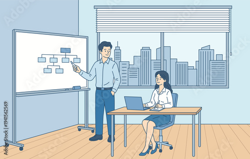 Professional coaching or mentoring in office. Manager explaining strategy on whiteboard to employee with laptop. Business project discussion, analytics and workflow organization. Flat line vector