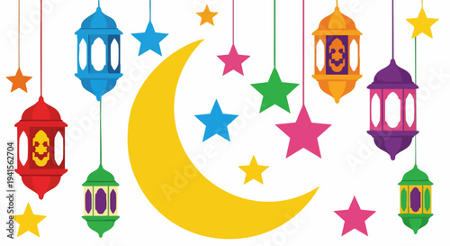 Ramadan Kareem celebration with crescent moon stars and lanterns.