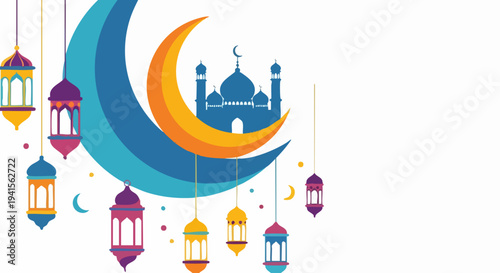 Ramadan Kareem Illustration with Mosque, Crescent Moon, and Lanterns for Festive Greetings.