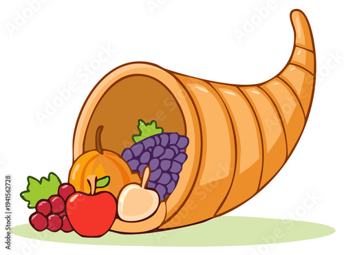 Cartoon Cornucopia overflowing with harvest fruits and vegetables