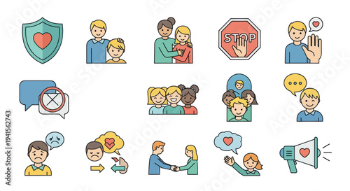 Colorful Flat Design Social Interaction and Communication Icons Set.