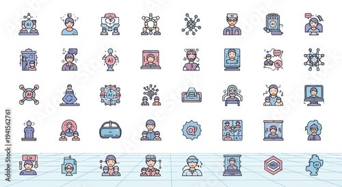 Diverse Collection of Colorful Line Art Icons Representing Various Concepts.
