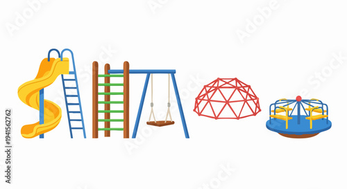 Set of colorful playground equipment for childrens outdoor fun.