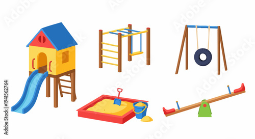 Playground equipment collection featuring slide swing set sandbox and seesaw.