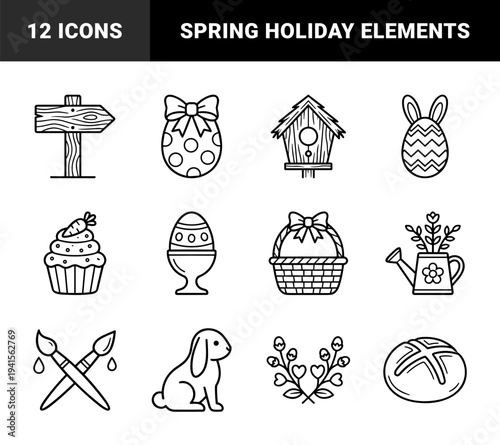 Easter spring celebration line art featuring traditional holiday symbols. Minimalist monoline garden and festive ornaments for seasonal greeting cards and crafts.