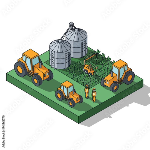 Isometric view of a farm with tractors, silos, and farmers.