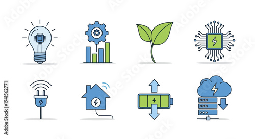Colorful hand-drawn icon set representing smart technology green energy and innovation concepts.