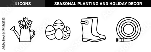 Spring gardening and Easter celebration monolinear pictograms featuring tulips in a watering can, decorated eggs, rubber boots, and a garden hose.