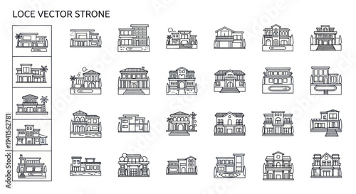Diverse collection of outline building icons vector illustrations of various architectural structures.