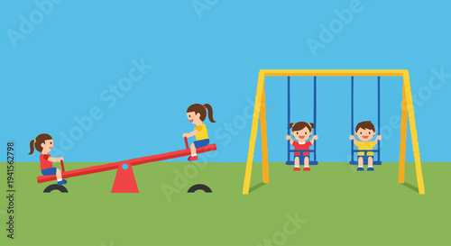 Children Enjoying Playground Activities - Seesaw and Swings.