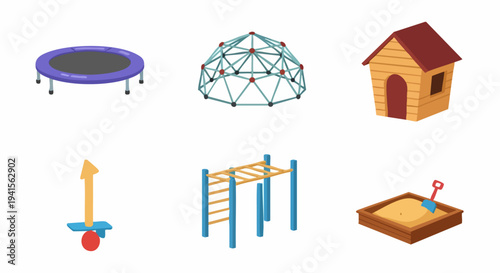 Collection of Outdoor Playground Equipment and Structures.