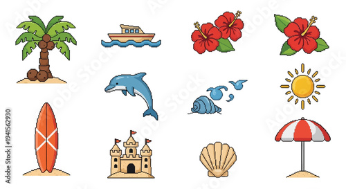 A vibrant collection of tropical icons including palm trees flowers and ocean elements presented as a flat design silhouette high quality