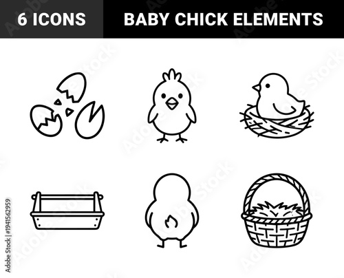 Farm life and poultry farming elements in monolinear outline style. Minimalist agriculture graphics featuring baby chicks, nests, hatched eggs, and gardening tools.