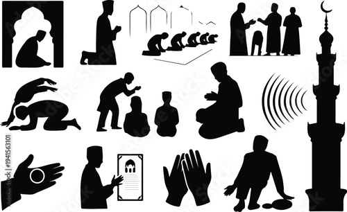 Set of 16 Islamic prayer icons vector