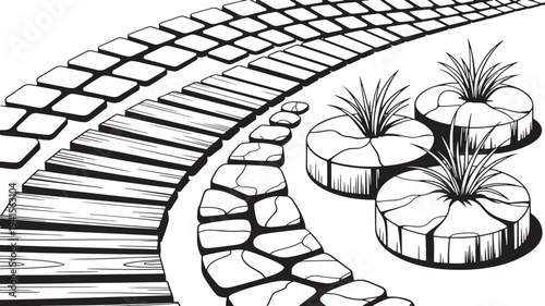 Curving garden path with stone, wood textures and rounded planters with greenery