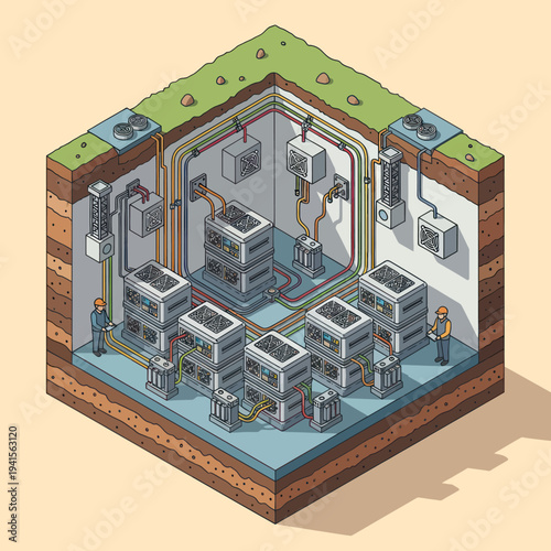 Isometric View of a Nuclear Reactor Core and Control Room.