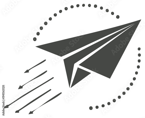 Graphic paper airplane icon symbolizing innovation, speed, and creative thinking with a dynamic flight path