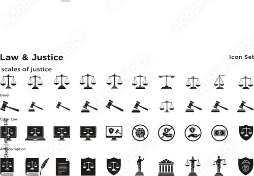 Law and justice icon set with variety of scales of justice gavel cyber law and anti corruption symbols isolated on transparent background vector
