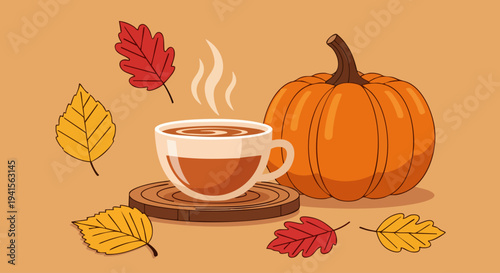 Cozy autumn still life with a hot drink and a pumpkin.