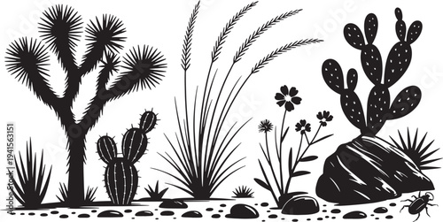 Desert landscape with joshua tree, cactus, grass, flowers, rocks and beetle, black silhouettes